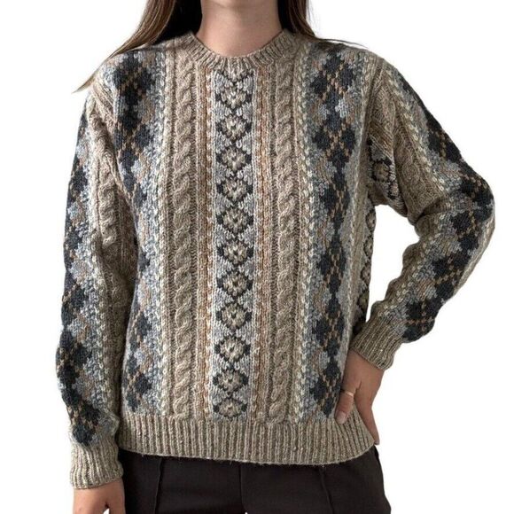 Vintage Brooks Brothers Hand Knit 100% Wool Brown Chunky Cable Crew Sweater Sz S - Picture 7 of 8